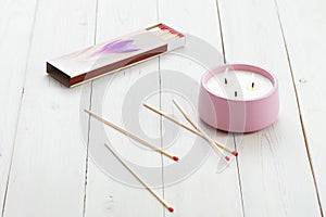 Burning candles and scattered matches on a wooden table