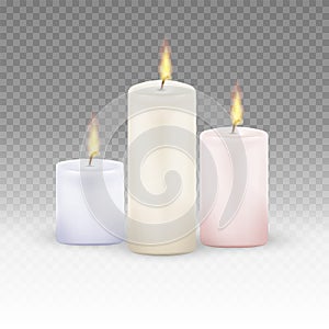 Burning candles set. Realistic Candles Flame Fire Light isolated on transparent background. Vector illustration.