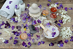 Burning candles and spa treatment kit with bath salt, stones for hot massage and skin lotions in the middle of purple flowers of