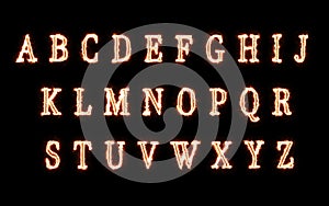 Burning Capital Letters in Order. Flaming Alphabets Set with Fire Flames and Smokes.