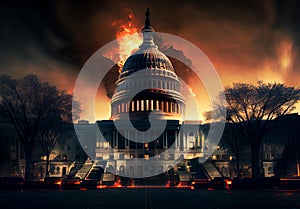 burning capitol building in usa. destruction of democracy. war in the usa.