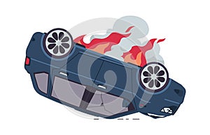 Burning car. Automobile crash, auto accident, inverted car with fire, broken windows and dark smoke. Damaged vehicle