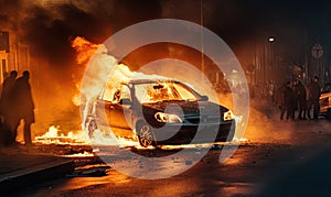 Burning car emitting thick smoke on a street. Created with AI