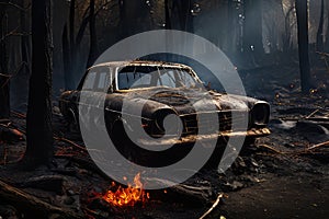 Burning car in the forest. Fire in the forest.