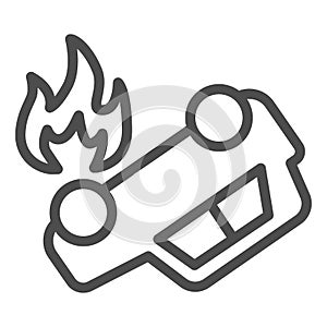 Burning car line icon. Overturned automobile with fire in fuel tank symbol, outline style pictogram on white background