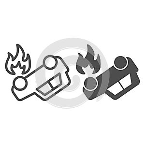 Burning car line and solid icon. Overturned automobile with fire in fuel tank symbol, outline style pictogram on white