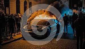 burning car and people protesting