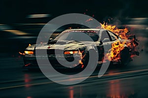 Burning car on the road at night with motion blur effect