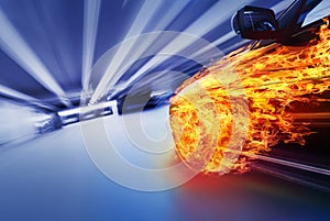 Burning car in tunnel photo