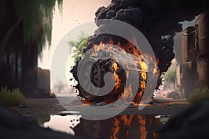 Burning car wheel on the road. illustration