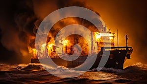 Burning cargo ship defying stormy ocean waves, highlighting the significance of safety precautions