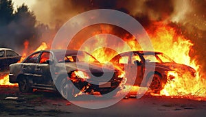 Burning cars set on fire