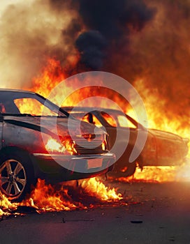 Burning cars set on fire with flames and smoke