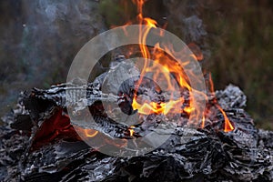 Fire flames, burning pile of cardboard and waste paper