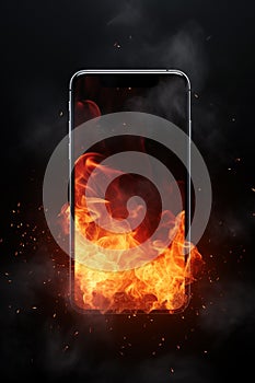 A burning cellphone - mobile device - celular - smartphone - generic model - fire - flames - smoke - isolated black background