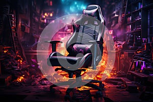 A burning chair, a state of emotional burnout in the office, a sign of collapse. Gaming chair in neon light.