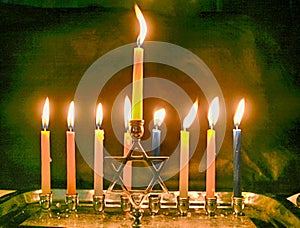 Burning Chanukah. The lit Chanukiah. Jewish holiday Hanukkah.