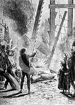 Burning of the Chappe telegraph in the old book the Martyrs of Science , by G. Tissandier, 1880, St. Petersburg