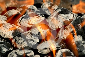 Burning charcoal briquettes