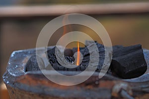 Burning charcoal on Charcoal grill earthenware for grilling