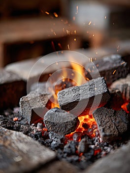 Burning charcoal with glowing embers and flames.