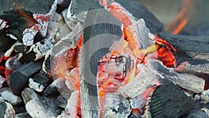 Burning charcoal with orange-colored flame and glow Selective Focus, Focus on parts of the charcoal pieces around the