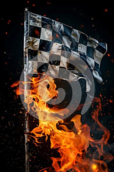 Burning checkered flag, racing, start and finish