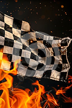 Burning checkered flag, racing, start and finish