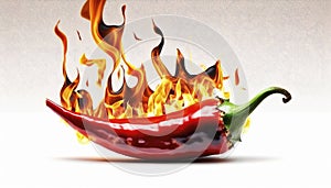 Burning chili pepper on fire isolate on white background.