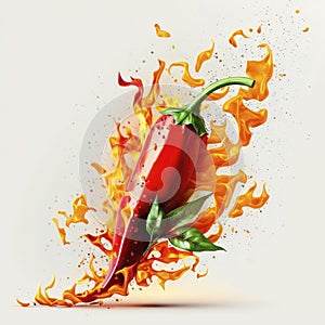 Burning chili pepper on fire isolate on white background.