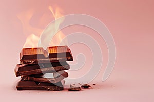 Burning chocolate bar, chocolate on fire. Hot block of chocolate in flames. Burning calories, weight loss and healthy diet concept
