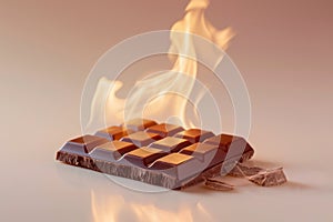 Burning chocolate bar, chocolate on fire. Hot block of chocolate in flames. Burning calories, weight loss and healthy diet concept