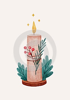 Burning Christmas Advent candle. Hand drawn illustration. Seasonal decoration. Vector isolated image.