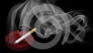 A burning cigarette in a red ashtray with smoke
