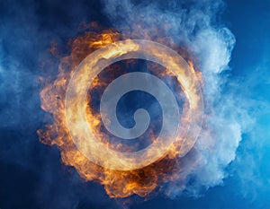 Burning circle of fire and smoke on blue background