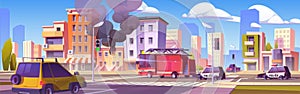Burning city building and firefighter truck vector