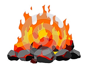 Burning coal. Realistic bright flame fire on coals heap. Closeup vector illustration for grill blaze fireplace, hot