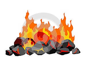 Burning coal. Realistic bright flame fire on coals heap. Closeup vector illustration for grill blaze fireplace, hot