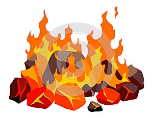 Burning coal. Realistic bright flame fire on coals heap. Closeup vector illustration for grill blaze fireplace, hot