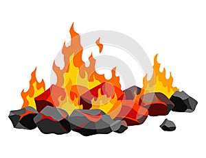 Burning coal. Realistic bright flame fire on coals heap. Closeup vector illustration for grill blaze fireplace, hot