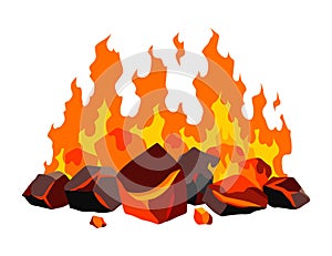 Burning coal. Realistic bright flame fire on coals heap. Closeup vector illustration for grill blaze fireplace, hot