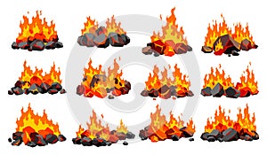 Burning coal set. Realistic bright flame fire on coals heaps. Closeup vector illustration for grill blaze fireplaces