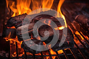 Burning coals and embers in a barbecue, close up, Barbecue Grill Pit With Glowing And Flaming Hot Charcoal Briquettes, Close Up,