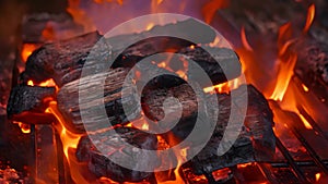 Burning coals and embers in a barbecue, close up, Barbecue Grill Pit With Glowing And Flaming Hot Charcoal Briquettes, Close Up,