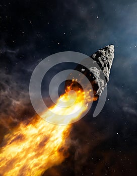 Burning comet flying in space with long fire tail