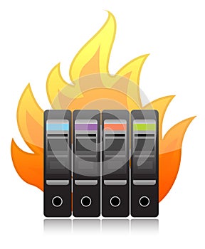 Burning computer server on white illustration