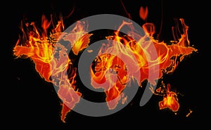 Burning continents, world map on fire, conceptual image of world problems, global warming, war, insecurity - Continentes ardiendo photo