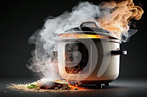 Burning Countertop Rice Cooker On A White Background. Generative AI