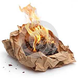 Burning crumpled brown paper in flames