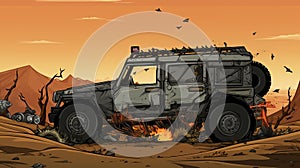 Burning Cyberpunk Jeep: Detailed 8k Comic Strip Style Illustration